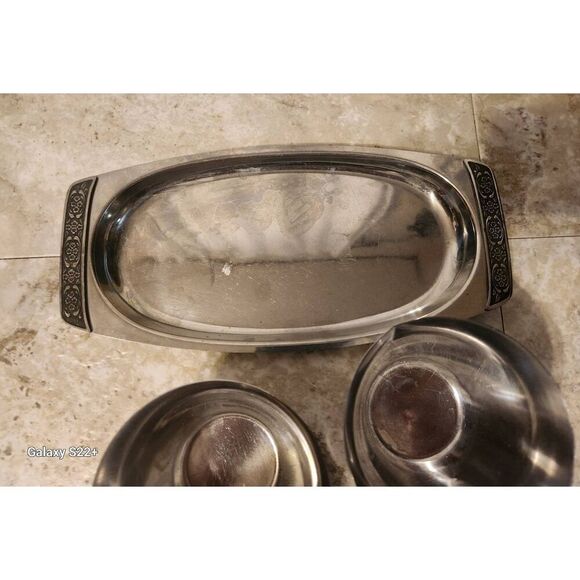 Springtime stainless sugar, creamer, and tray set, vintage - Picture 4 of 7